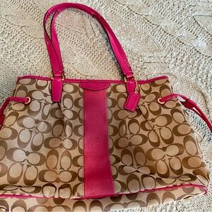 Coach Brown Signature Canvas Tote with Pink Trim